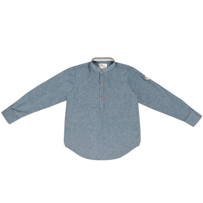 chemise en jean denim bleu clair avec col Mao et manches longuues, fermeture bouton pression, pour garçon de 2 à 12 ans