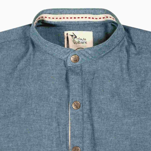 light blue denim shirt with Mao collar and long sleeves, press button closure, for boys aged 2 to 12