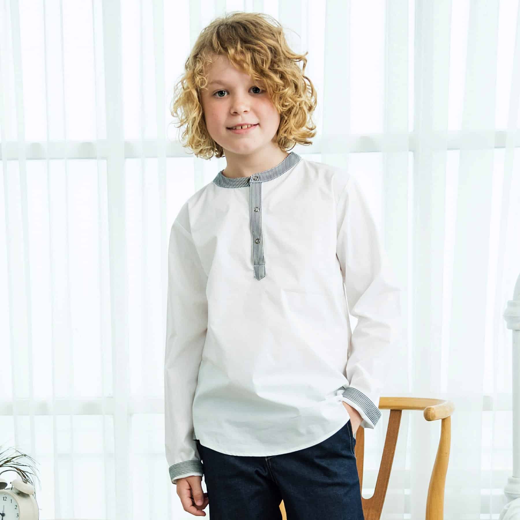 long sleeve white shirt with Mao collar in dark blue and white striped denim for boys, from the children's fashion brand LA FAUTE A VOLTAIRE