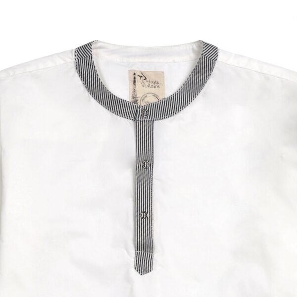 long sleeve white shirt with Mao collar in dark blue and beige striped denim for boys from 2 to 14 years old