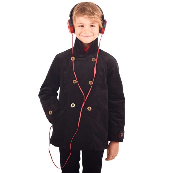 Unisex caban coat in black velvet, with pockets, martingale in the back and lining in red tartan cotton for girls and boys from 2 to 12 years old. La Faute à Voltaire, a French creative brand for children in fair trade.