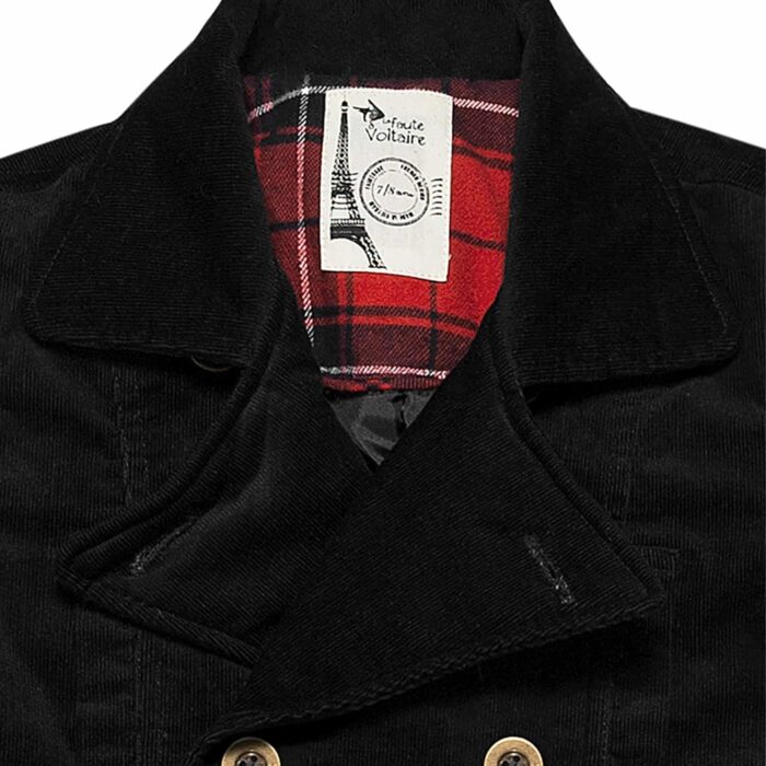 Manteau caban unisexe en velours noir, avec poches, martingale dans le dos et doublure en coton tartan rouge pour filles et garçons de 2 à 12 ans. La Faute à Voltaire, marque créateur française pour enfants en commerce équitable.