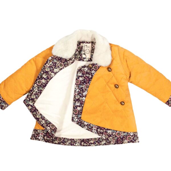 Yellow velvet coat girl with Claudine collar in faux beige fur and contrasting strip in liberty cotton flowered plum, faux fur lining imitation sheep of the brand creator fashion child in fair trade THE FAULT TO VOLTAIRE
