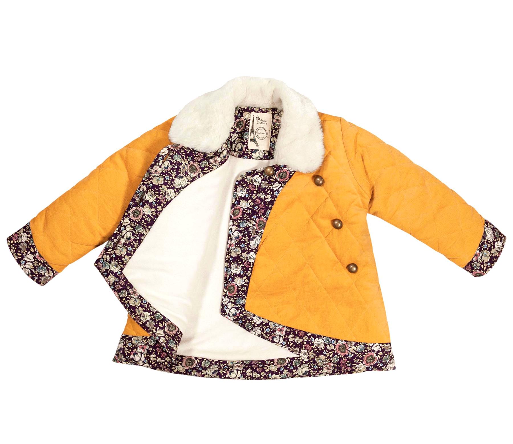 Kimono-style coat in yellow velvet and beige faux fur collar and floral cotton from the children's fashion brand LA FAUTE A VOLTAIRE