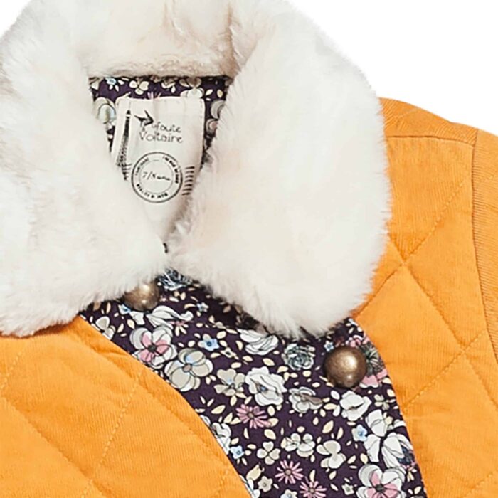 Kimono-style coat in yellow velvet and beige faux fur collar and floral cotton from the children's fashion brand LA FAUTE A VOLTAIRE