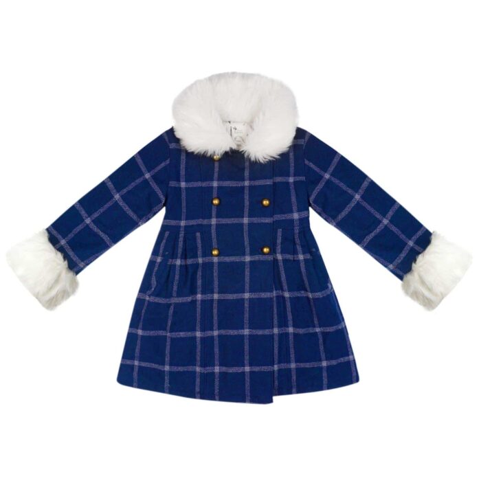Manteau en laine bleu marine à large carreaux blancs, col fausse fourrure blanc pour filles de la marque de mode pour enfants LA FAUTE A VOLTAIRE