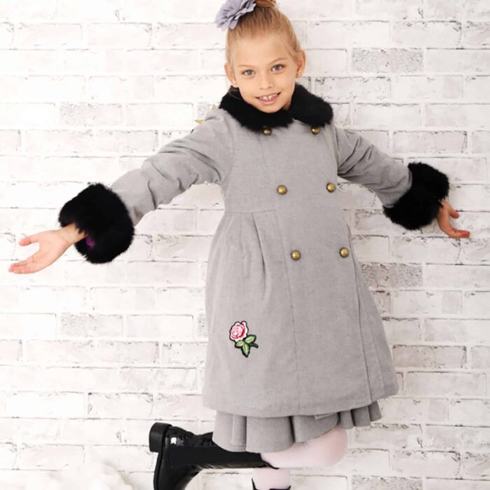 Long and warm coat in mouse grey wool and black faux fur collar la faute a voltaire