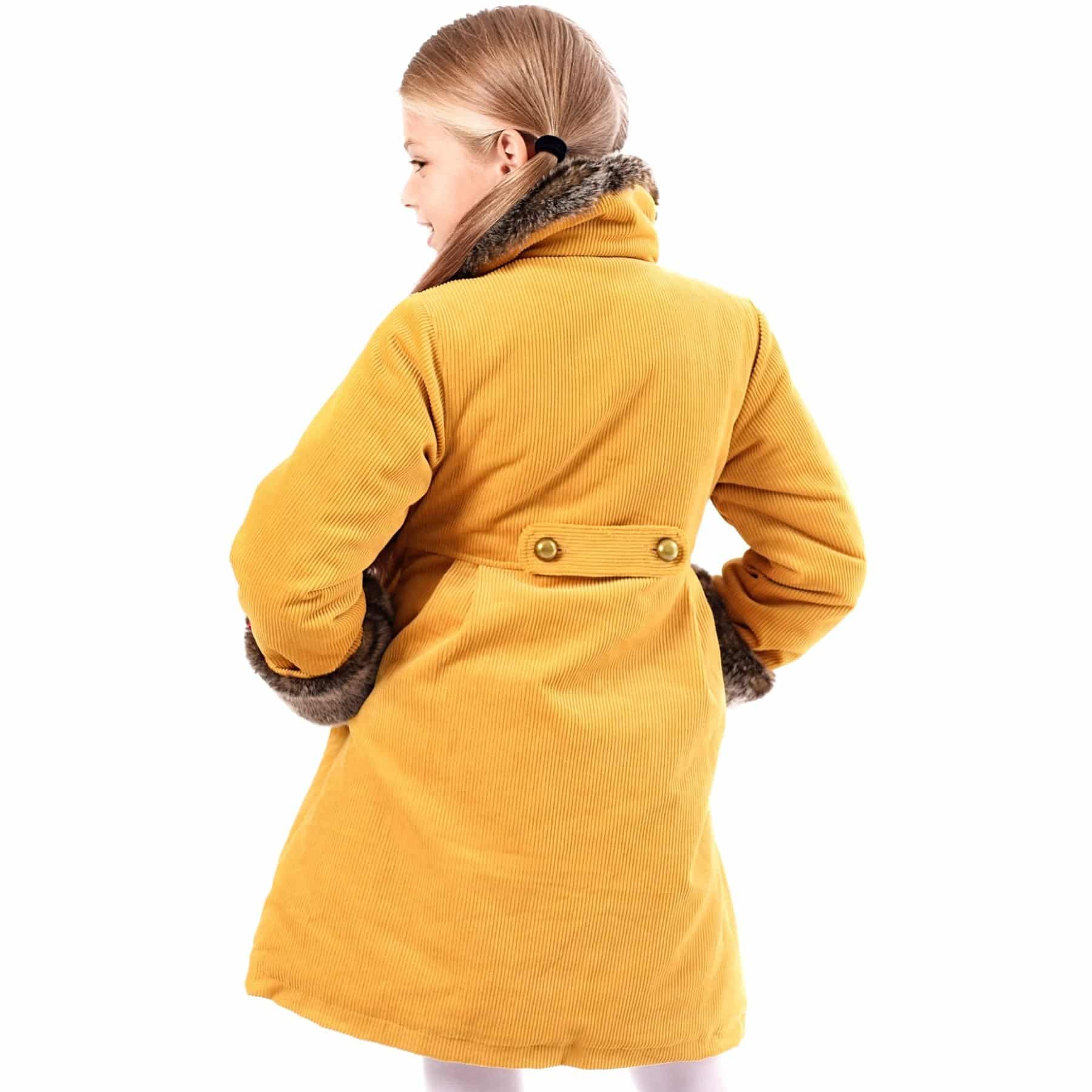 Yellow velvet coat with brown taupe faux fur collar for girls and young women from the children's fashion brand LA FAUTE A VOLTAIRE