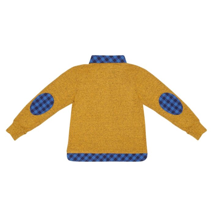 Pull style sweat jaune avec col chemise à carreaux bleu pour garçons de la marque de mode pour enfants La Faute à Voltaire