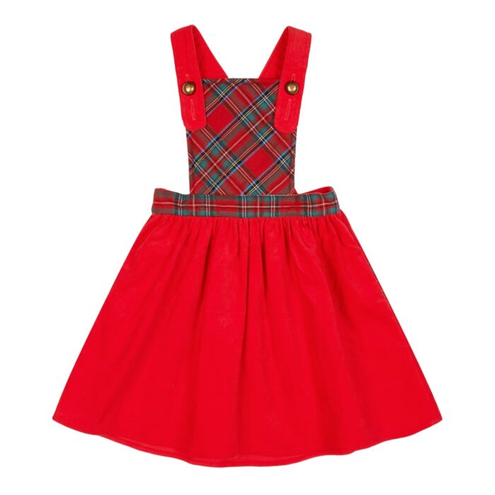 A la Recherche d'une Robe de Noël que votre Petite Fille pourra Porter tous les Jours ? Découvrez la robe Salopette Christmas. De Forme Tablier, cette Jolie Robe à Bretelles est bi-matière : en Velours Rouge et Carreaux Tartan Rouge et Vert sur le Plastron Matelassé et Surpiqué en Courte Pointe. Modèle collection Automne Hiver de la Marque de Mode Française pour Enfants La Faute à Voltaire