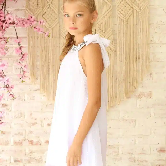 Robe de cérémonie voile blanc et col liberty fleurs violettes pour filles de 2 à 16 ans