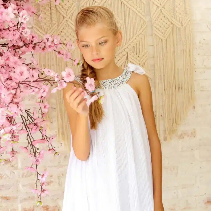 Robe Cérémonie Blanche Fille | Col Liberty Violet | ALIZEE – Image 2