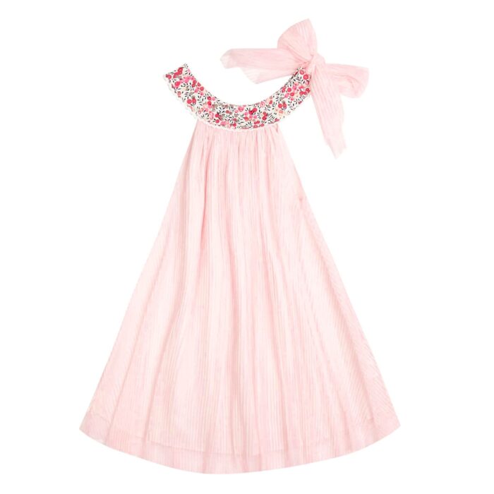 Pale pink formal dress with pink floral collar for little girls n from the children's fashion brand LA FAUTE A VOLTAIRE