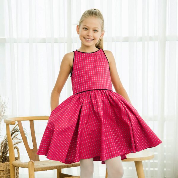 sleeveless dress in cotton pink and blue tiles for little girls aged 2 to 14