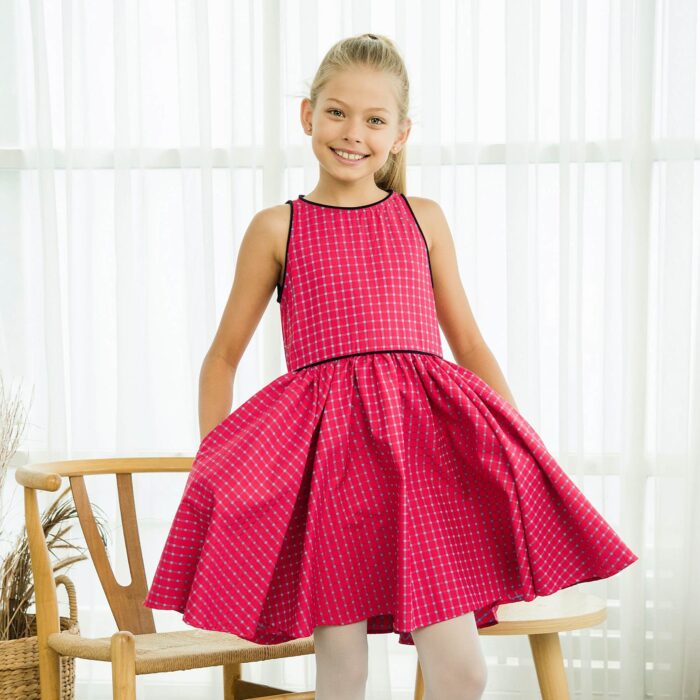 robe qui tourne sans manche en coton carreaux rose et bleu pour petites filles de 2 à 14 ans