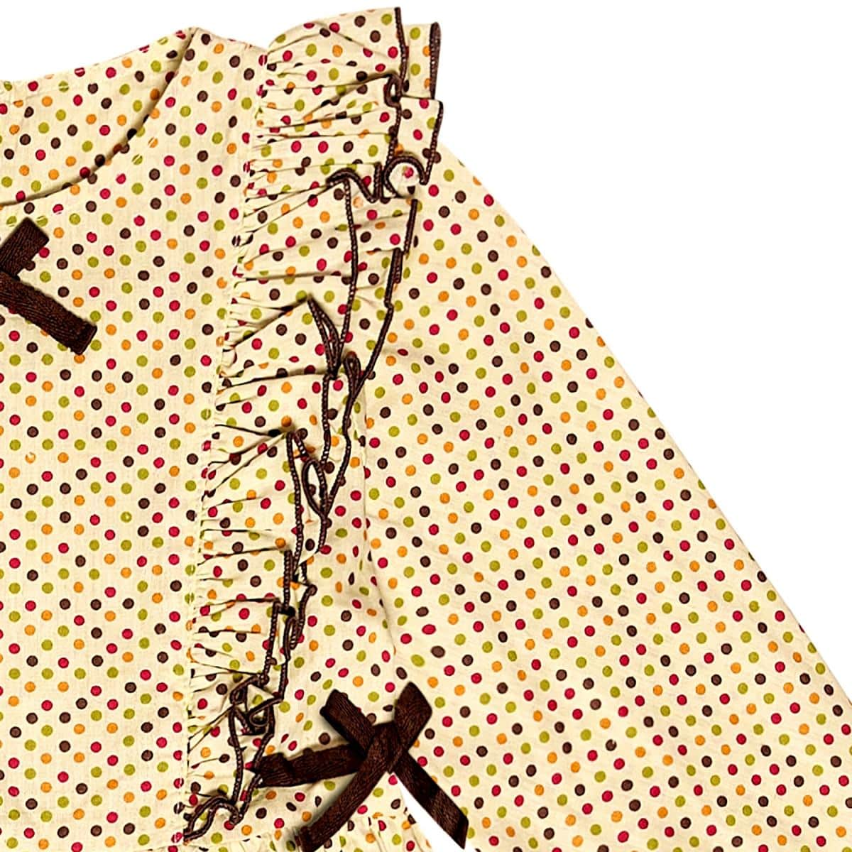 Jolie robe d'hiver beige à pois multicolores pour filles à manches longues, volants sur le devant et l'arrière avec lien sur les côtés. Mode enfant pour enfant LA FAUTE A VOLTAIRE