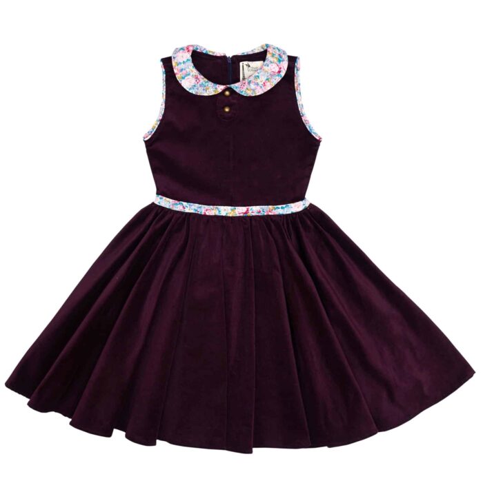 Sleeveless dress in plum velvet with pink and blue liberty floral Claudine collar from the children's designer brand LA FAUTE A VOLTAIRE