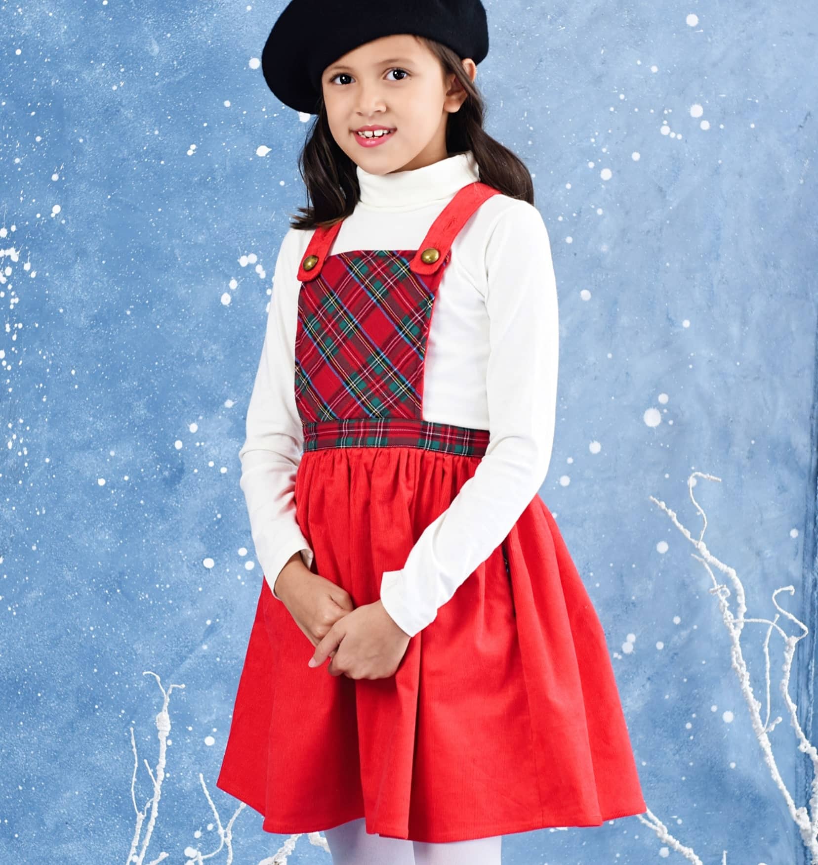 Robe salopette de Noël en velours rouge et carreaux tartan verts pour filles et fillettes de la marque de mode pour enfants la faute a voltaire
