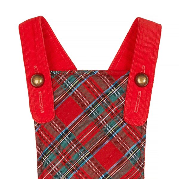 Christmas dress in red velvet and red and green tartan checks, overalls style with straps. Fashion for children LA FAUTE A VOLTAIRE