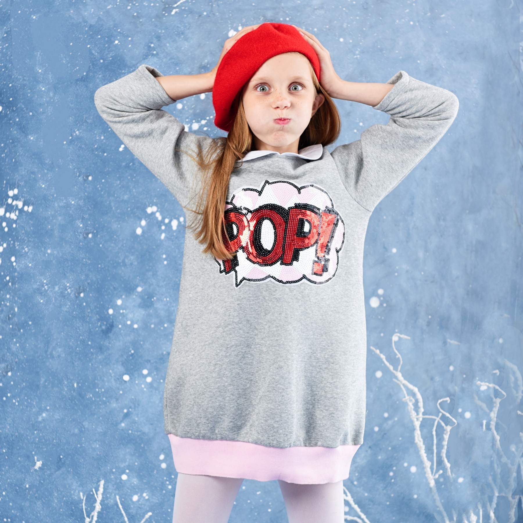 Mouse grey sweatshirt dress with white Claudine collar and sequins POP crest from the children's fashion brand LA FAUTE A VOLTAIRE