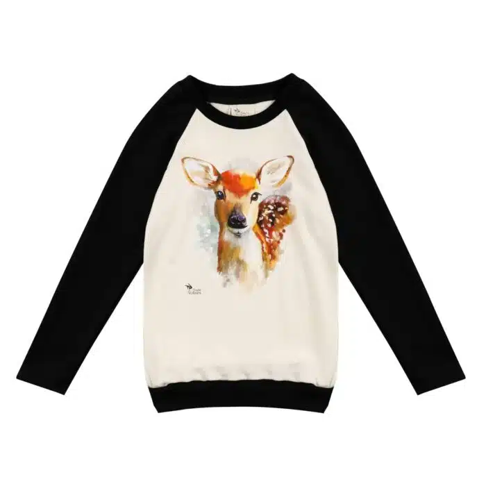 Beau sweat beige et noir avec joli imprimé de Bambi peint à l'eau. Sweat pour filles et fillettes de la marque de mode pour enfant LA FAUTE A VOLTAIRE