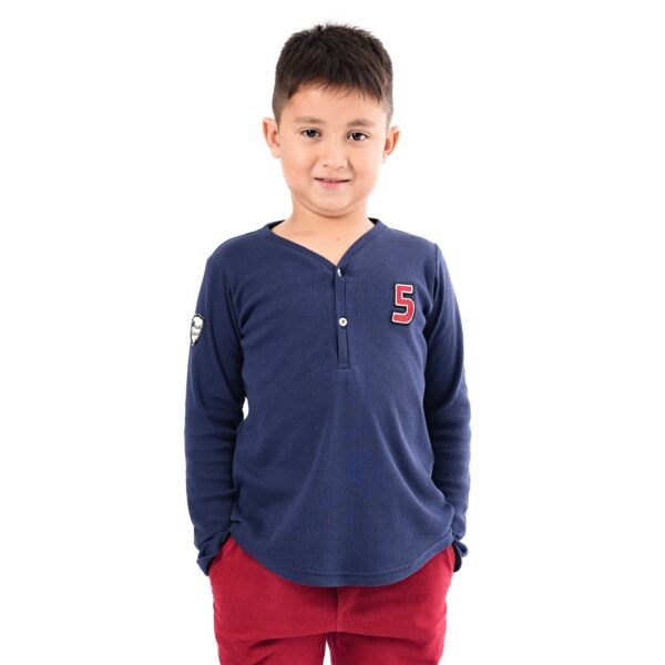 navy blue T-shirt with long sleeves and V-neck in cotton jersey very soft from the fashion brand for children in fair trade THE FAULT TO VOLTAIRE