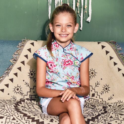Blouse inspiration asiatique chinoise en coton bleu à motifs fleurs roses et col Mao bordé de dentelle pour filles de 2 à 14 ans