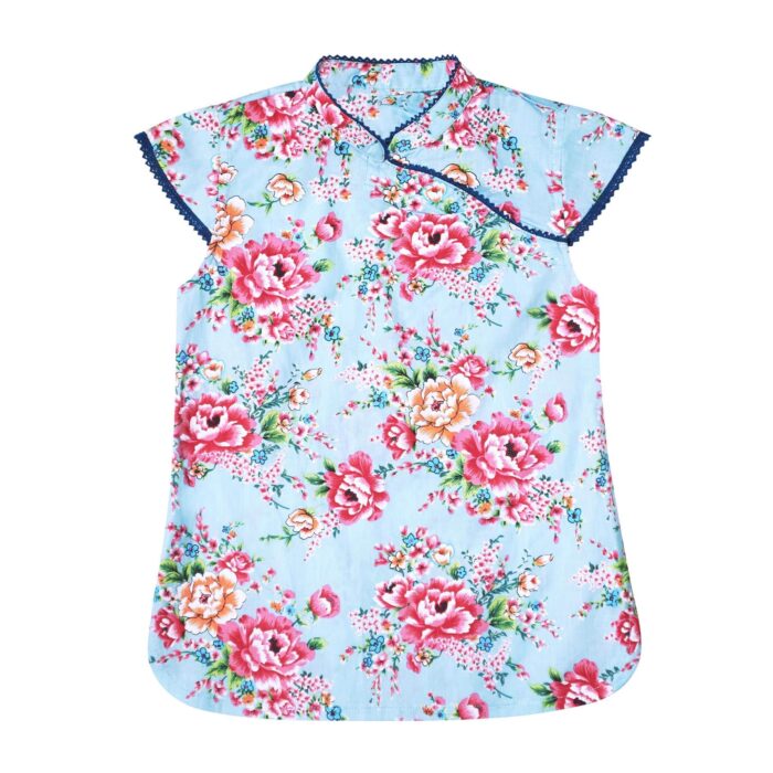 Chinese-inspired blouse in blue cotton with pink flowers and Mao collar trimmed with lace for girls from 2 to 14 years
