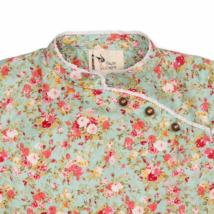 Chinese blouse short sleeves with Mao collar summer girl in green and red flowery cotton liberty for little girls and teens from 2 to 16 years