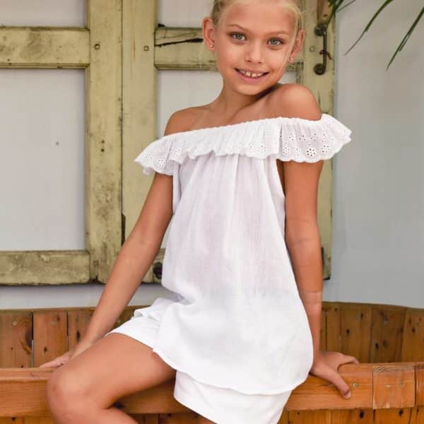 Blouse d'été bohème en coton blanc avec col élastique en broderie anglaise pour filles de 2 à 14 ans