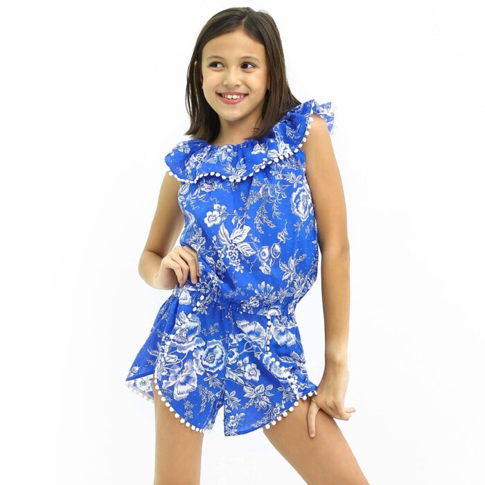 Royal blue cotton summer jumpsuit with white flowers, 2-in-1 collar and white tassels for girls ages 2 to 14