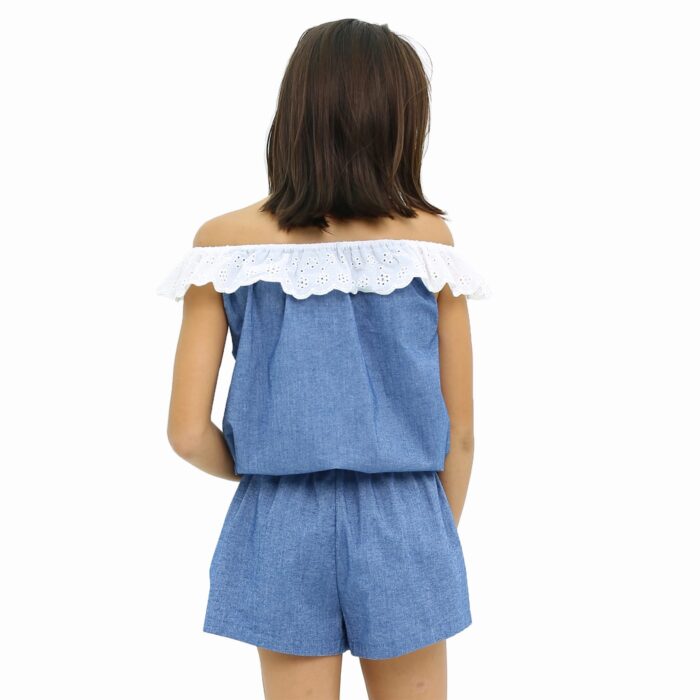 summer girl's cotton denim combishort, light blue, elastic collar with white embroidery anglaise, yellow pineapple patch on the chest, for little girls from 2 to 16 years old