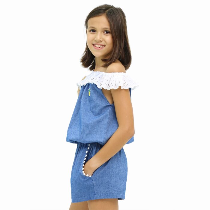 summer girl's cotton denim combishort, light blue, elastic collar with white embroidery anglaise, yellow pineapple patch on the chest, for little girls from 2 to 16 years old