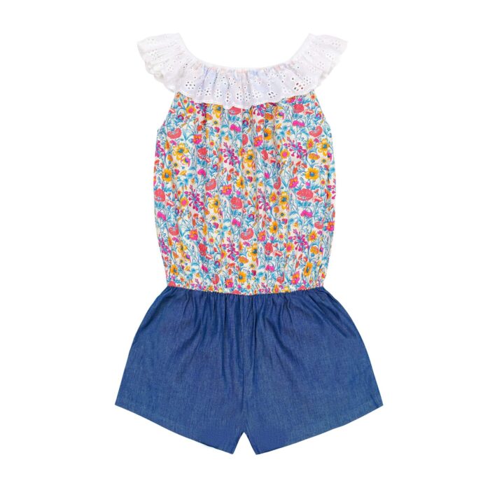 summer blue liberty pink cotton denim combishort with white embroidery anglaise collar for girls 2 to 14 years old