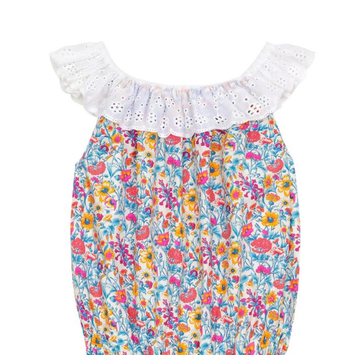 summer blue liberty pink cotton denim combishort with white embroidery anglaise collar for girls 2 to 14 years old