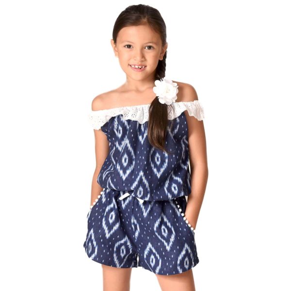 Navy cotton tie-and-dye graphic print summer jumpsuit with white 2-in-1 embroidery anglaise collar and pockets for girls ages 2 to 14