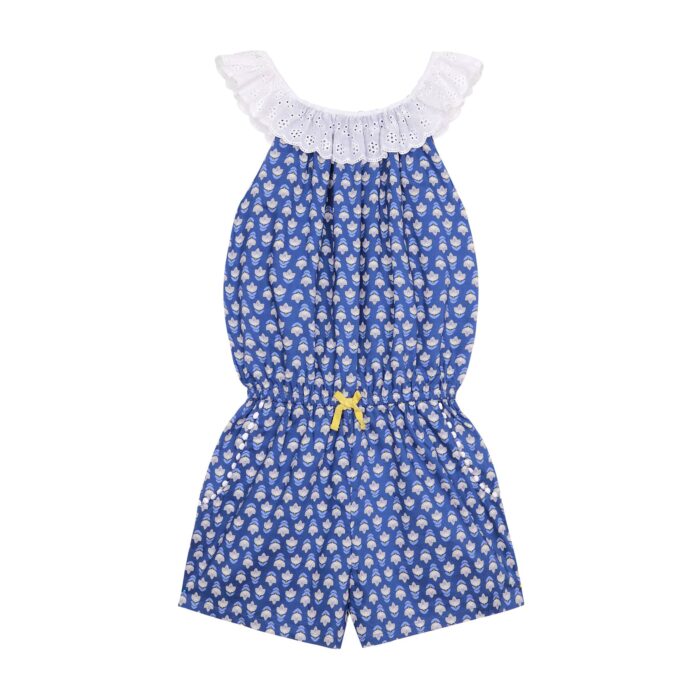 Royal blue cotton jumpsuit with yellow graphic print and white embroidery anglaise 2-in-1 collar and pockets for girls ages 2 to 14