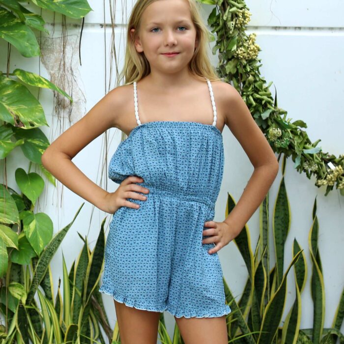 Green floral blue combishort with elastic collar and waistband with stretchy straps for girls 2 to 14 years