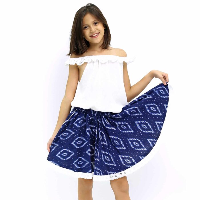 Jupe qui tourne en coton fleurI tie and dye bleu marine pour filles de 2 à 14 ans