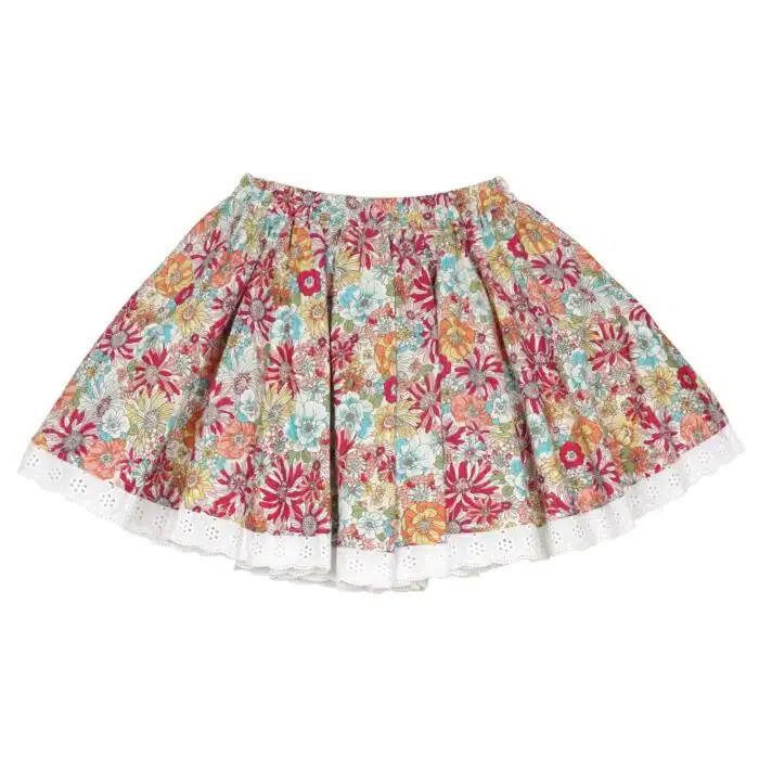jupe qui tourne en coton liberty fleuri multicolore, rose, rouge, vert et broderies anglaises, taille élastique, pour petites filles de 2 à 16 ans