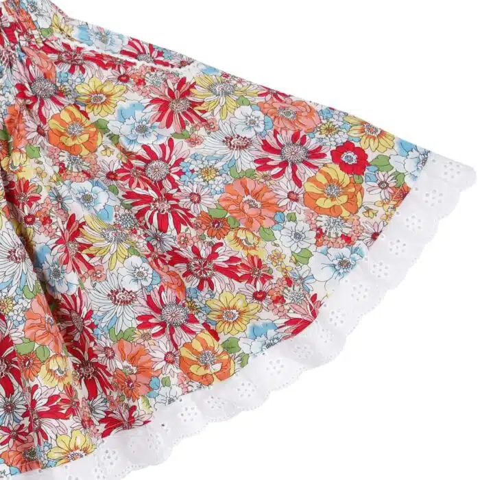 jupe qui tourne en coton liberty fleuri multicolore, rose, rouge, vert et broderies anglaises, taille élastique, pour petites filles de 2 à 16 ans