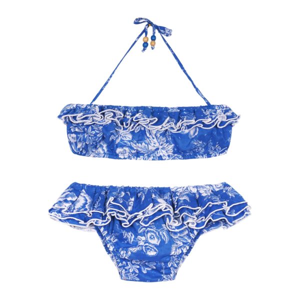 Maillot de bain bikini 2 pièces en coton fleuri bleu royal avec volants et bretelles pour filles de 2 à 14 ans