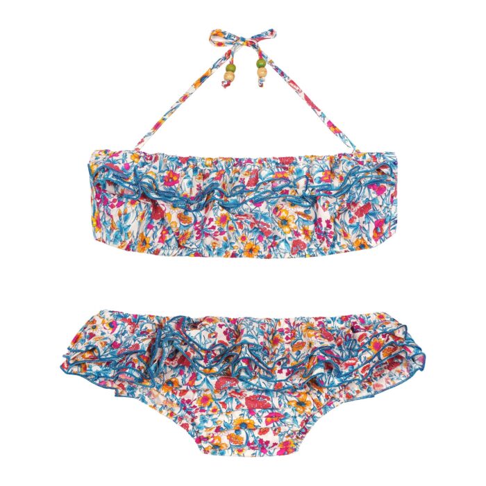 Maillot de bain bikini 2 pièces en coton fleuri liberty bleu rouge jaune et rose avec volants et bretelles pour filles de 2 à 14 ans