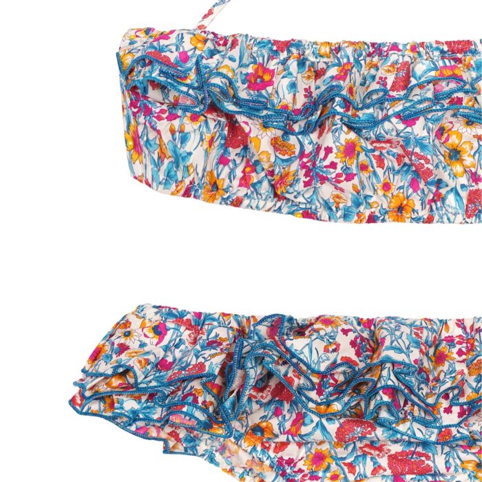 2-piece liberty blue, red, yellow and pink floral cotton swimsuit with ruffles and straps for girls ages 2 to 14
