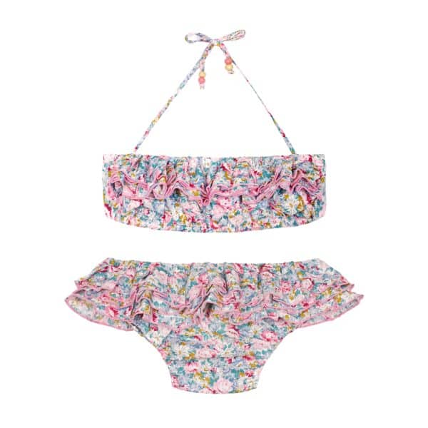 Maillot de bain bikini 2 pièces en coton fleuri liberty rose et bleu pâle avec volants et bretelles pour filles de 2 à 14 ans
