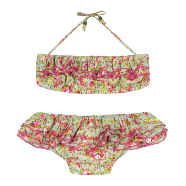 2-piece liberty green and pink floral cotton swimsuit with ruffles and straps for girls 2 to 14 years