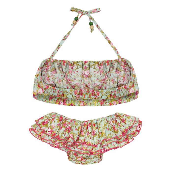 Maillot de bain bikini 2 pièces en coton fleuri liberty vert et rose avec volants et bretelles pour filles de 2 à 14 ans