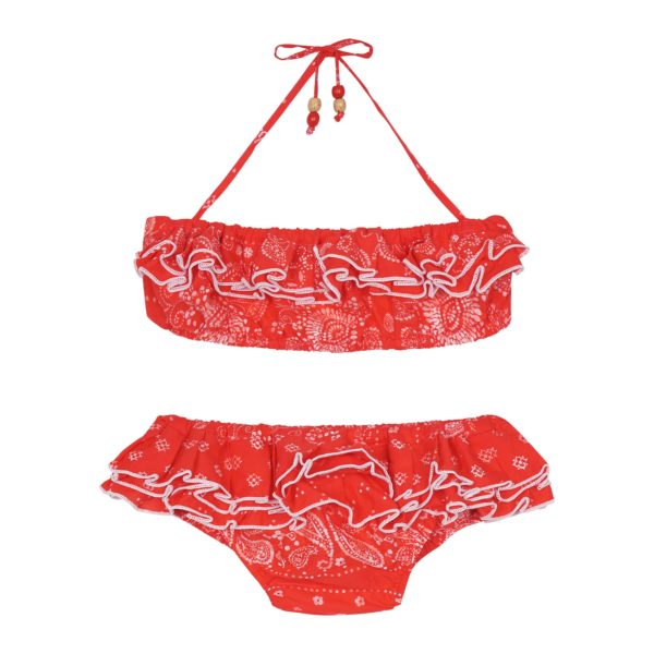 Maillot de bain bikini 2 pièces en coton rouge imprimé paisley avec volants et bretelles pour filles de 2 à 14 ans