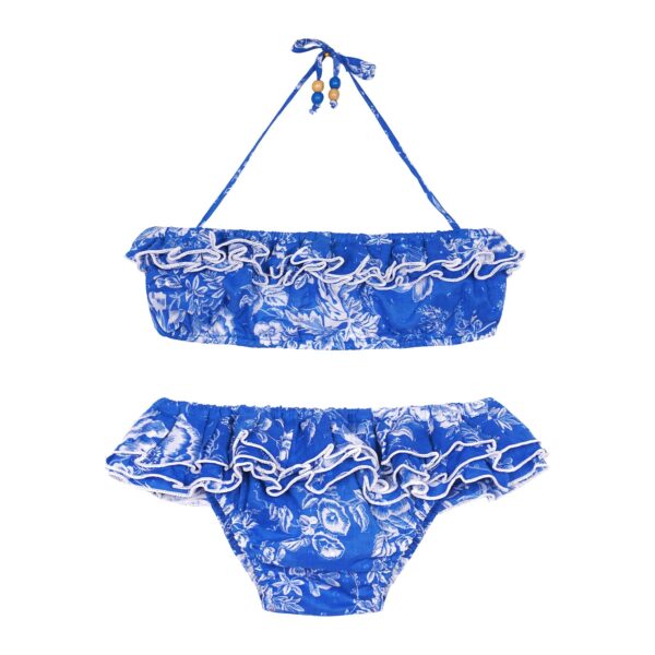 Two-piece floral royal blue and white swimsuit with headband and ruffled panties of the children's fashion brand LA FAUTE A VOLTAIRE