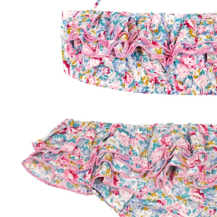Two-piece summer swimsuit for girls in pink and light blue liberty cotton with a headband and ruffled panties by the fashion brand LA FAUTE A VOLTAIRE